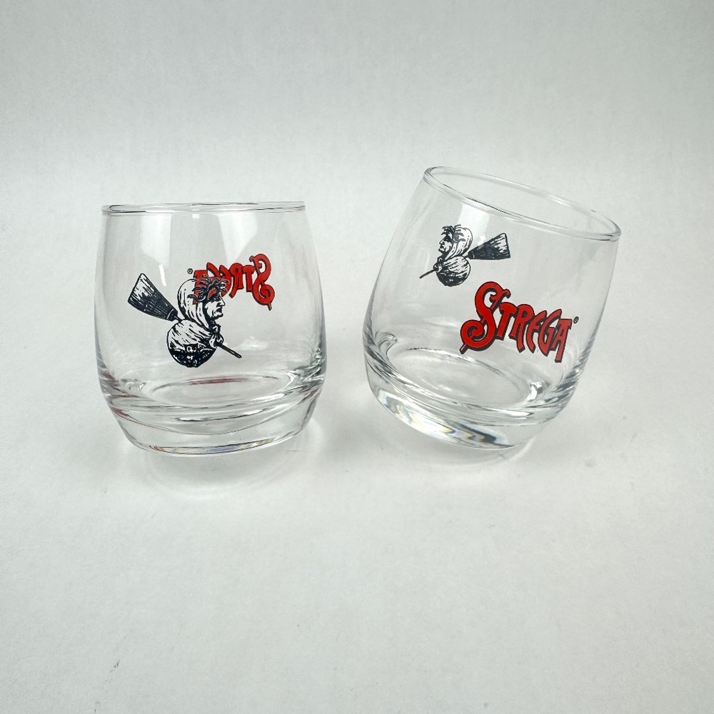 Strega Liqueur Medusa Witch Roly Poly Wobble Lowball Cocktail Glasses Set of 2